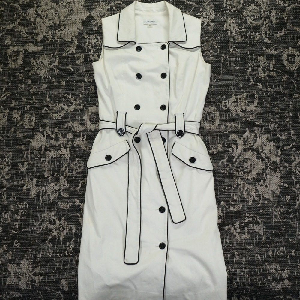 Calvin Klein White Midi Trench Dress with Black Piping